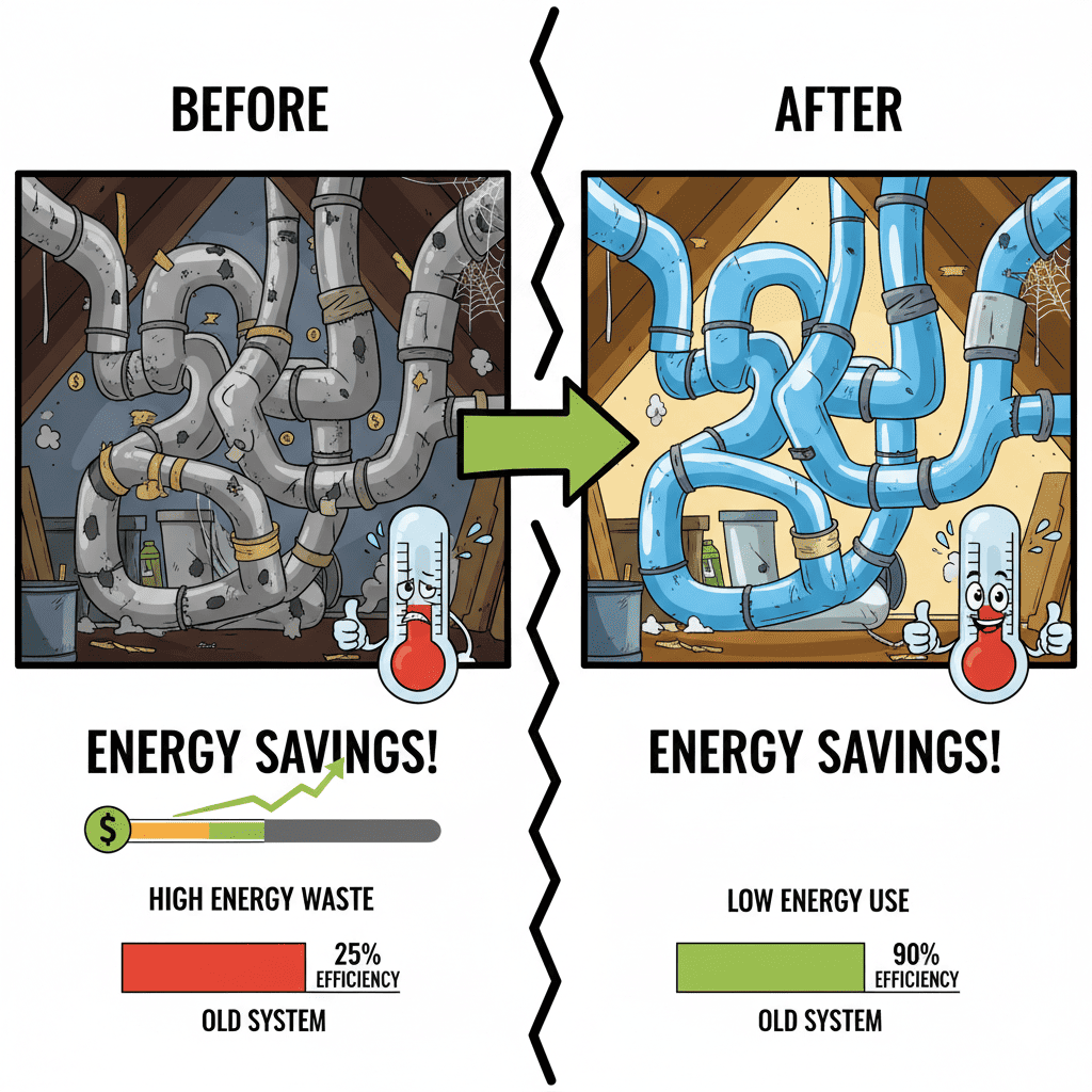 Energy savings after ductwork replacement visual comparison
