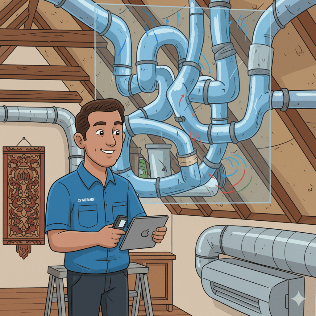 Technician inspecting ductwork system inside modern home – showing airflow diagram overlay.