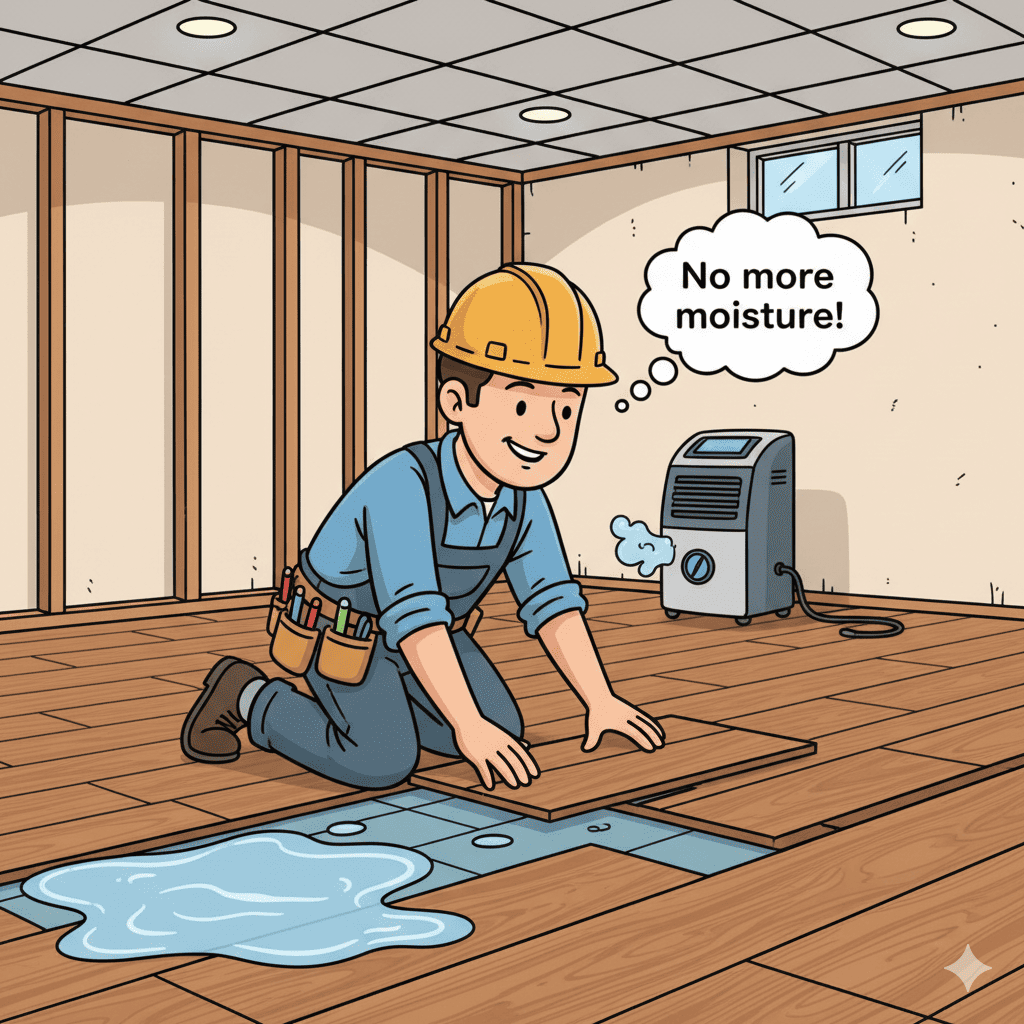 Waterproof luxury vinyl tile flooring, a popular and smart finish for a basement conversion.